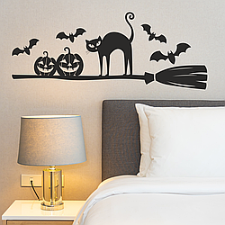 Декор на Хелловін Наклейки Кіт на мітлі (гарбузи мітла кажани Хеловін) Розмір М матовий Чорний