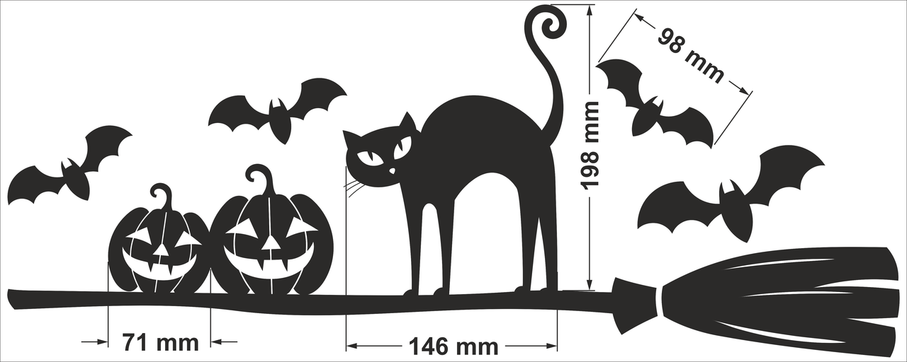 Декор на Хэллоуин Наклейки Кот на метле (тыквы метла летучие мыши хелоуин) Размер М матовый Черный - фото 6 - id-p1983515902