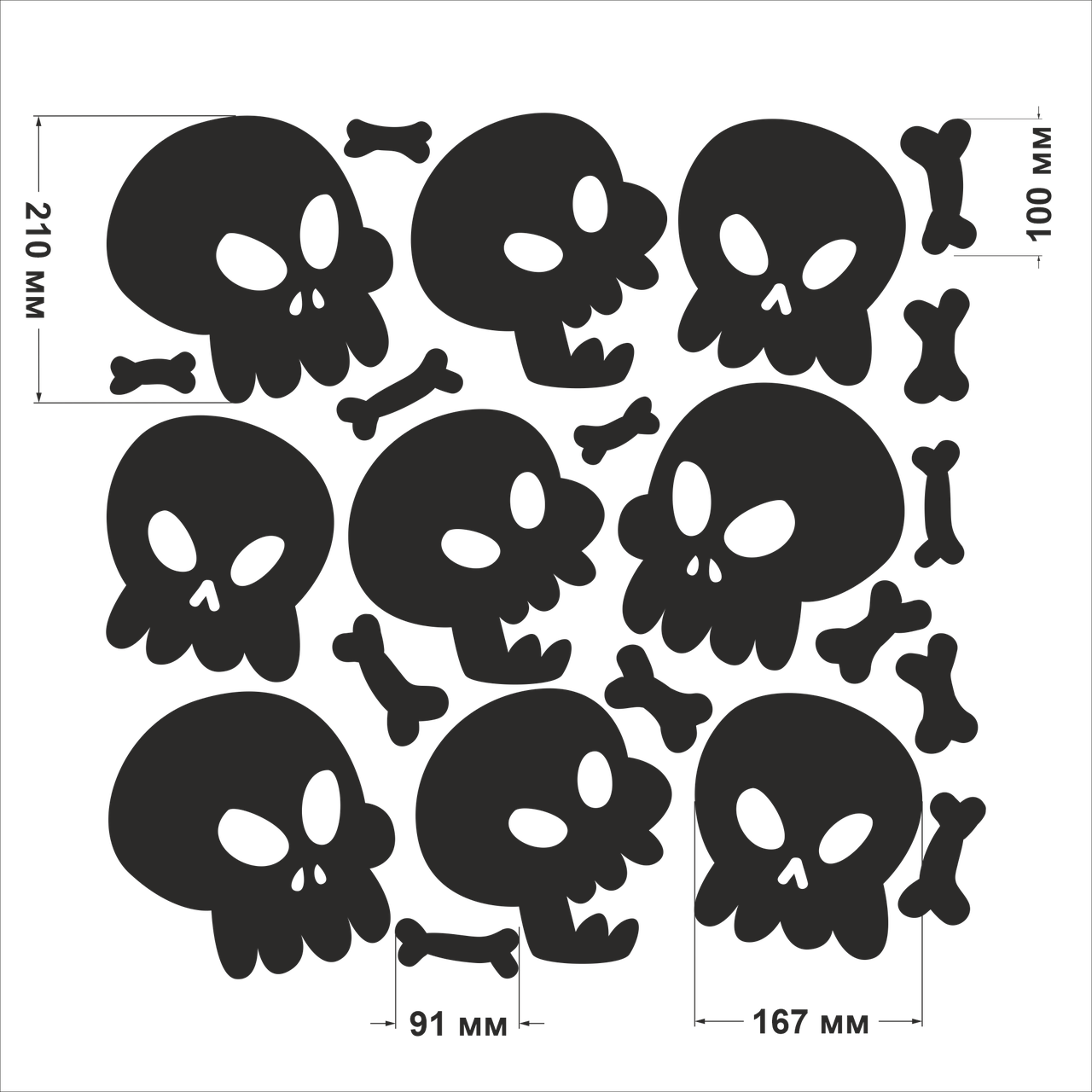 Виниловые наклейки для Хэллоуина Черепа и Кости Размер L 9 черепов 13 костей матовая Белый - фото 3 - id-p1983515903