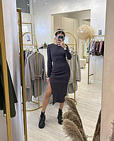 Базовое универсальное повседневное женское облегающее платье из рубчика длины миди с разрезом Цвет Серый