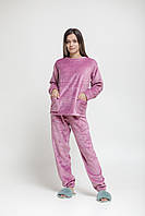 Тепла жіноча махрова піжама двойка з довгим рукавом рожевого кольору т.м Lekol