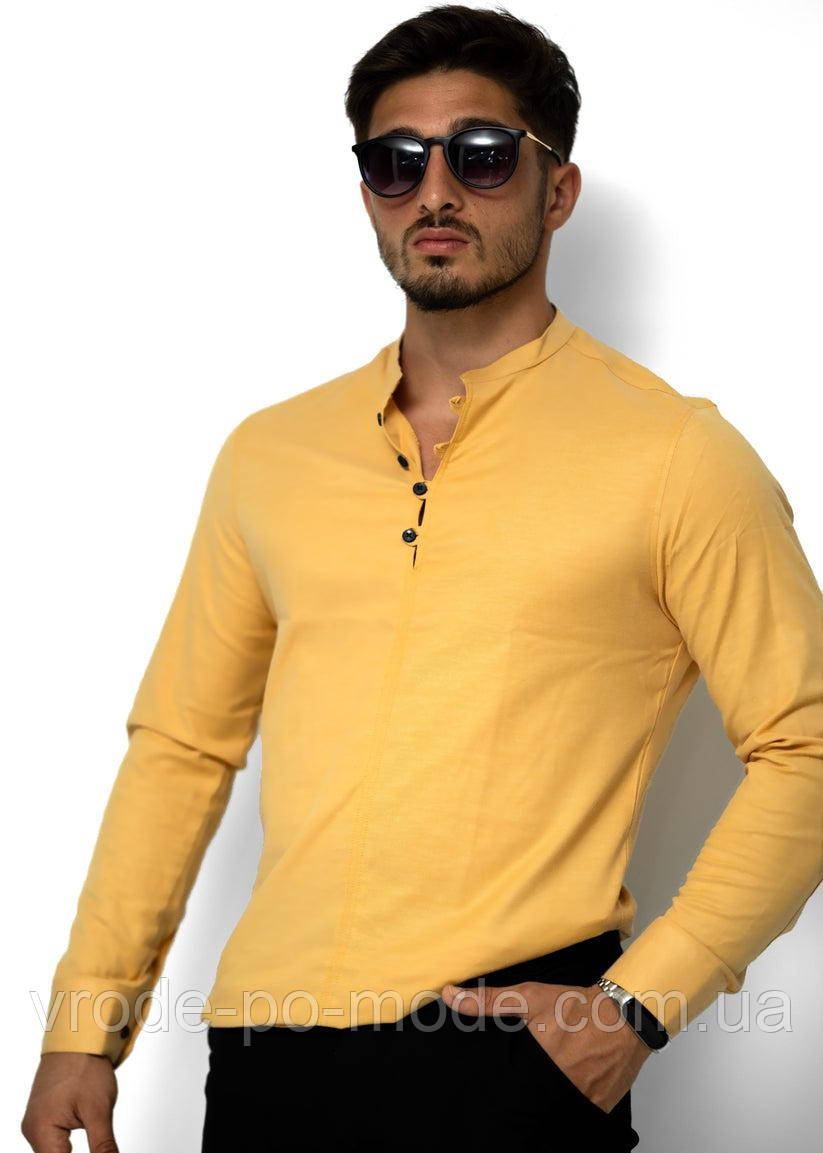 Стильна ошатна бавовняна сорочка через голову жовта, приталена, з довгим рукавом, комір стійка, Туреччина, асортимент