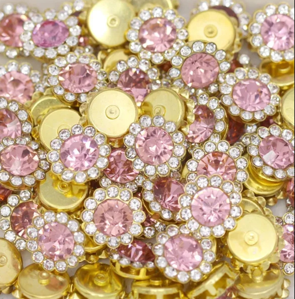 Страз пришивний 10 мм Гудзичок світло-рожевий оправа золотиста, фото 1