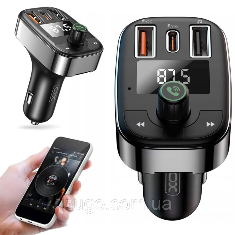 Автомобільний FM-трансмітер XO BCC06, 2хUSB + USB-C / ФМ модулятор з дисплеєм та швидкою зарядкою, фото 1