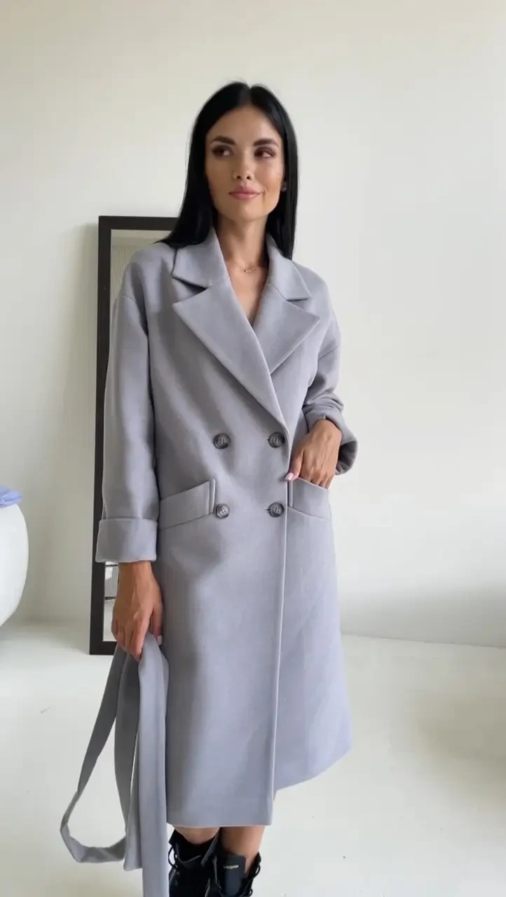 Зимове тепле двобортне жіноче утеплене пальто з італійського кашеміру сірого кольору, фото 1