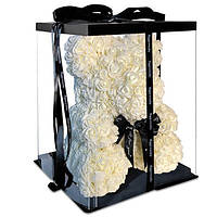 Подарунковий набір із троянд із білим ведмедиком у прозорій коробці з бантиком, подарунок дівчині на день Св. Валентина
