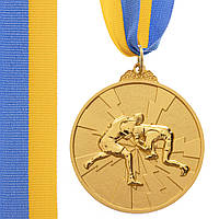 Медаль спортивна 6,5 см зі стрічкою Боротьба C-4852 Золото