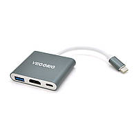 Хаб-конвертор VEGGIEG TC03 Type-C (папа) на Type-C(мама) + USB3.0(мама) + HDMI(мама), 10 см, Silver, Box