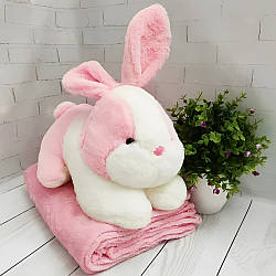 М'яка іграшка Зайчик 3в1, подушка з пледом 120×160 см, Рожевий / Дитячий плед-подушка
