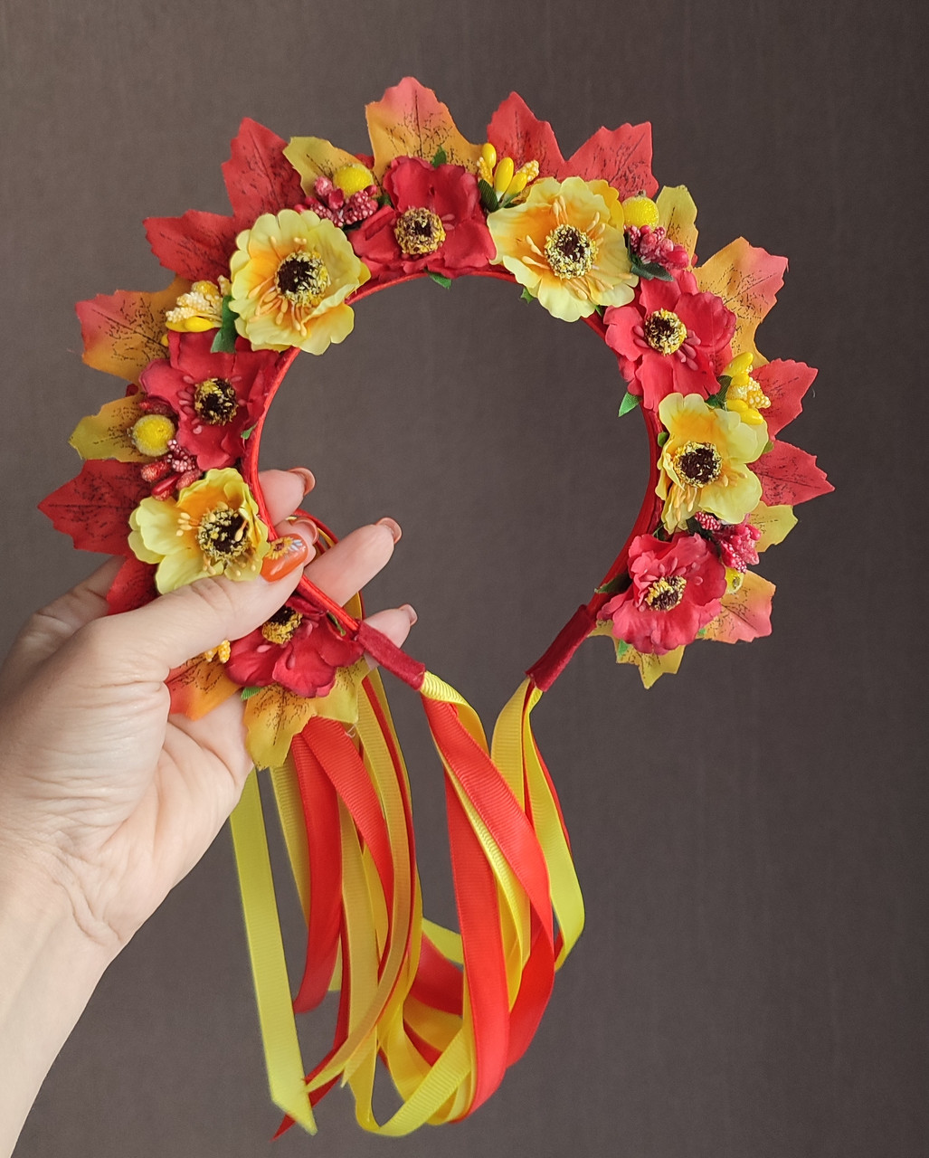 Осінній обруч Осінній обідок з листям і стрічками Осінній ободок свято осені Обруч осінь костюм осені Вінок, фото 1