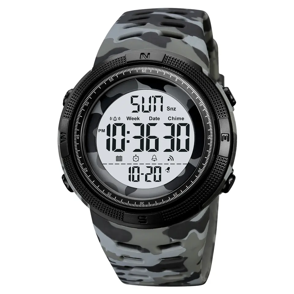 Skmei 2070 сірий камуфляж чоловічий спортивний годинник білий циферблат
