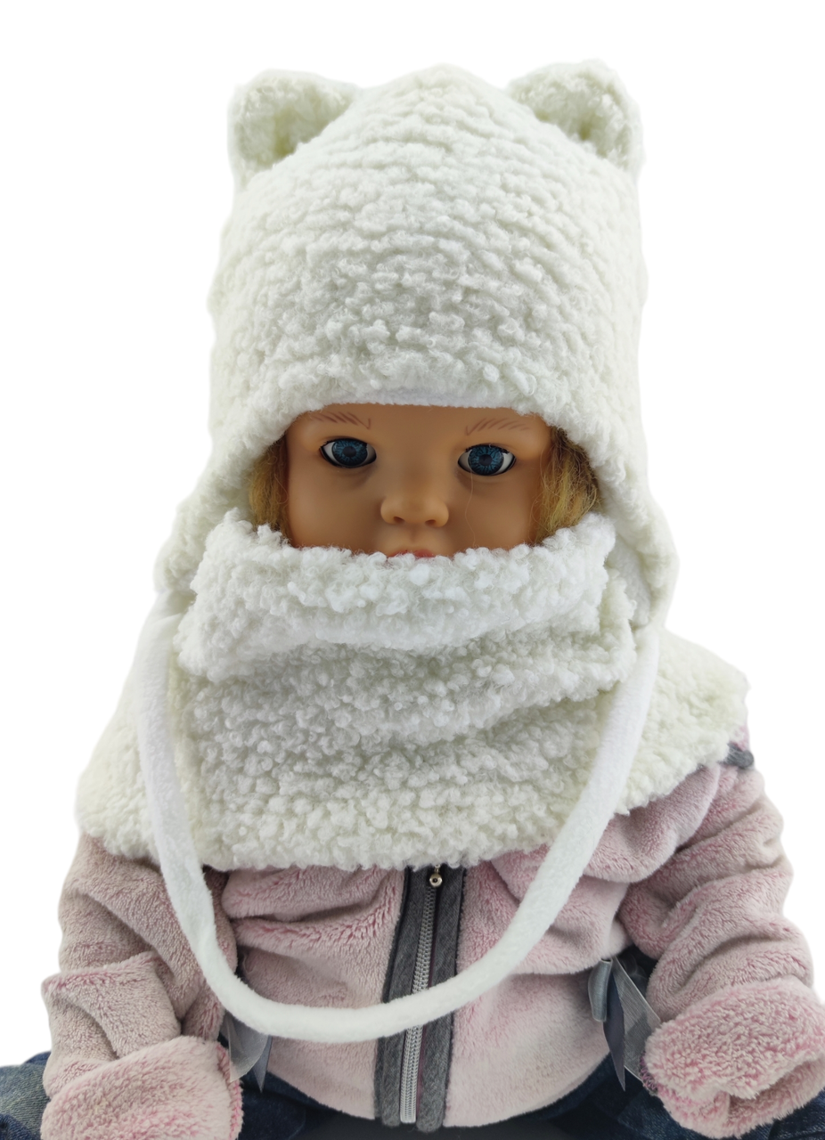 Дитяча в'язана шапка тепла з флісом хомутом із зав'язками дитячі білий (ШДТ328)