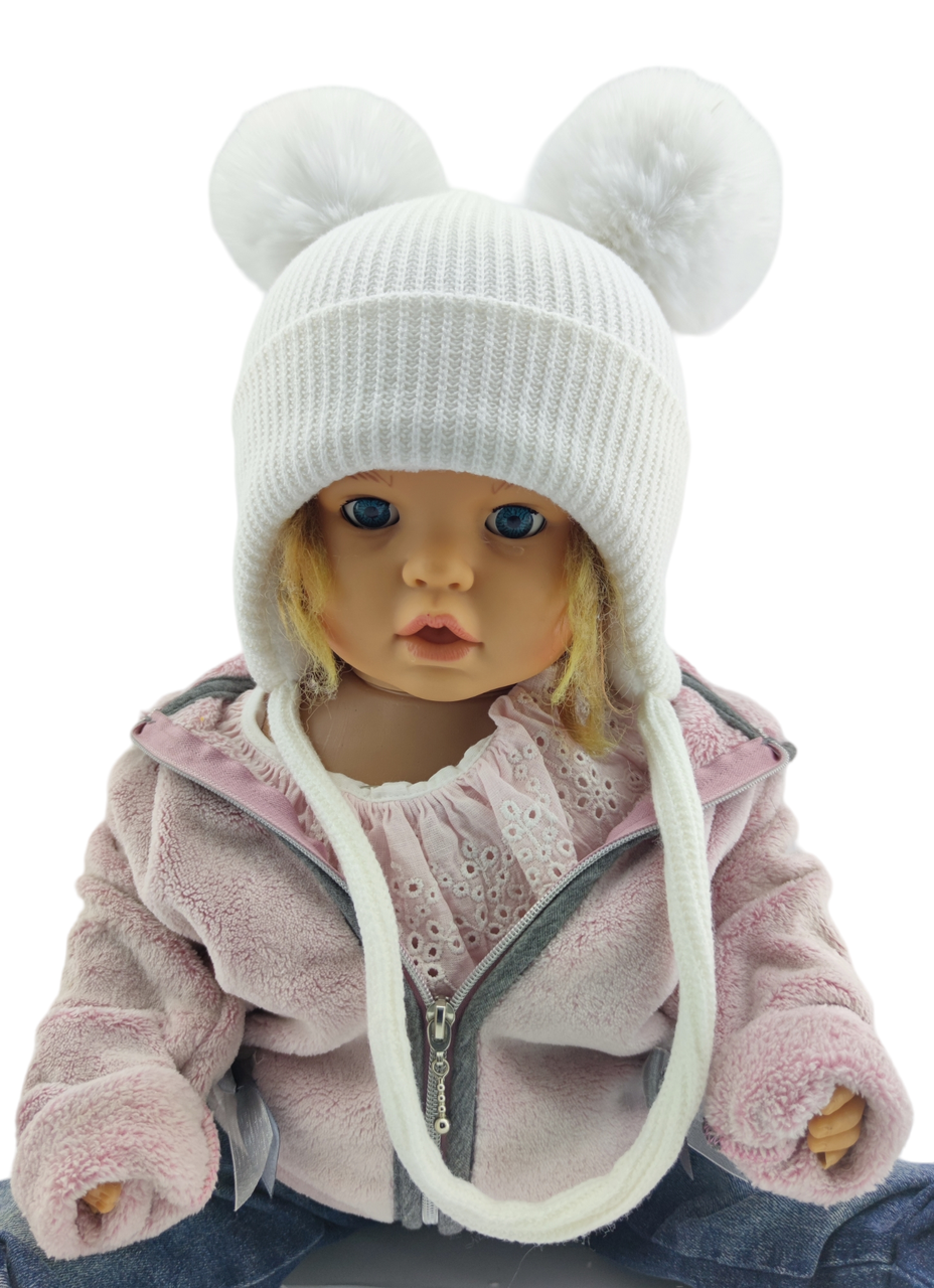 Дитяча в'язана шапка тепла з флісом на зав'язках дитячі головні убори білий (ШДТ336)