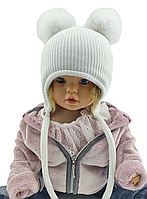 Дитяча в'язана шапка тепла з флісом на зав'язках дитячі головні убори білий (ШДТ337)