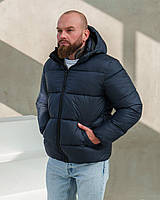 Мужской пуховик зимний с капюшоном зима до -20*С, короткая утепленная куртка мужская на пуху темно-синяя