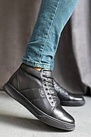Стильные ботинки кеды мужские зимние из натуральной кожи черного цвета на шнурках и молнии на меху
