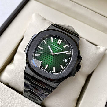 Чоловічі годинники Patek Philippe Nautilus Green Black AAA механічні з автопідзаводом на сталевому браслеті