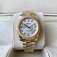 Женские часы Rolex Lady DateJust 32 mm Gold Diamond ААА механические на стальном браслете и сапфиром