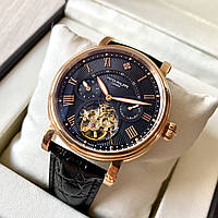 Мужские часы Patek Philippe Geneva Gold Black наручные механика с автоподзаводом на черном кожаном ремешке