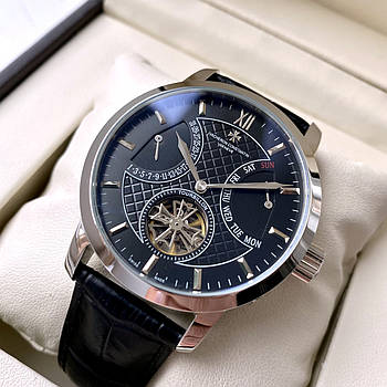 Механічні годинники Vacheron Constantin Silver AAA класичні на шкіряному ремінці та календарі дати і дня