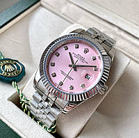 Часы механические Rolex Date Just silver Pink 41 mm ААА+ наручные на стальном браслете с календарем и сапфиром