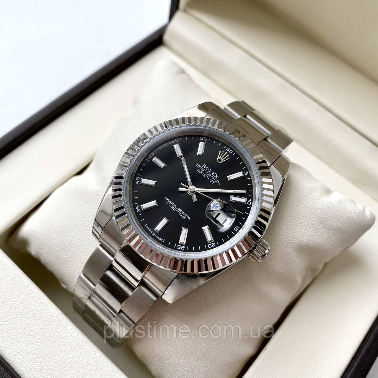 Механічний годинник Rolex Date just black ААА наручний на сталевому браслеті з календарем і сапфіровим склом