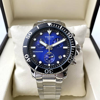 Наручний годинник Tissot Seastar AAA blue black чоловічі з хронографом на сталевому браслеті і календарем дати