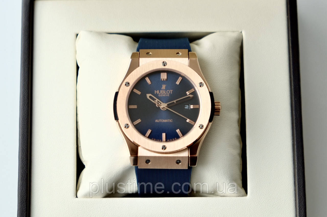 Чоловічий годинник Hublot Fusion Blue Gold AAA механічні з автопідзаводом і календарем на каучуковому ремінці