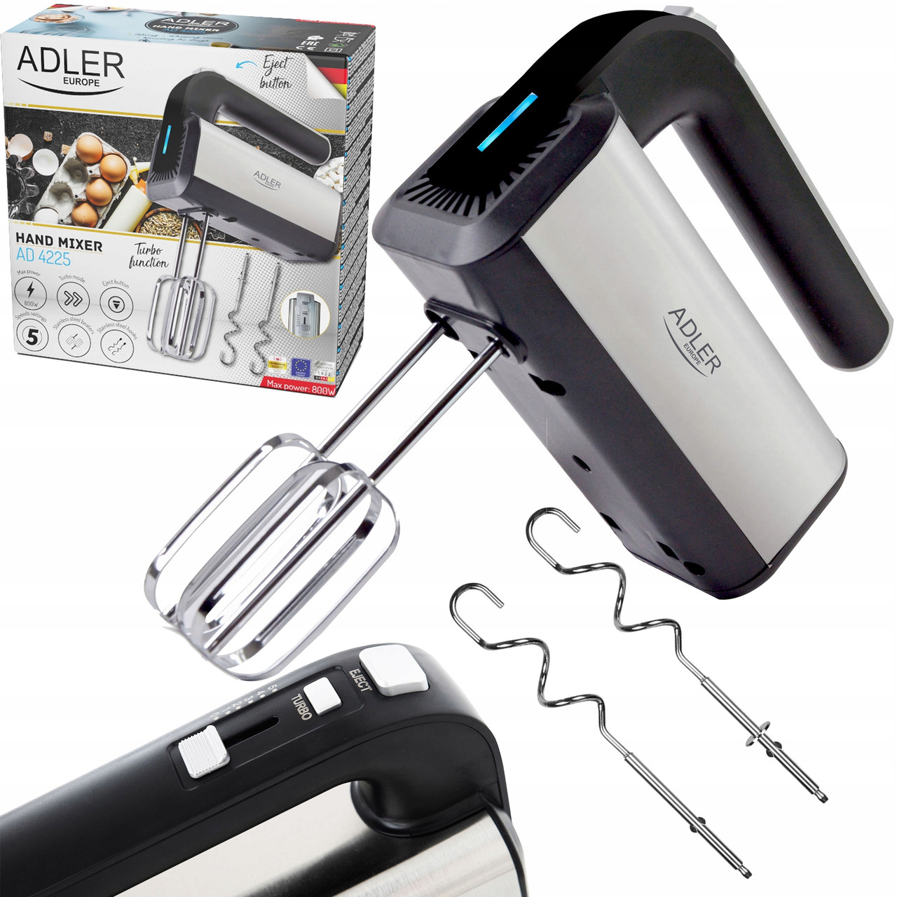 Ручний міксер Adler AD 4225 — 800 Вт, 5 швидкостей, насадки в комплекті, фото 1