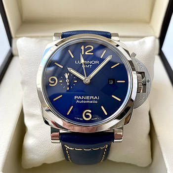 Наручний годинник Officine Panerai Luminor GMT Blue чоловічий механічний на синьому шкіряному ремінці