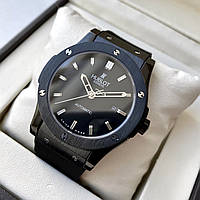 Механические часы Hublot Fusion All Black AAA мужские наручные с автоподзаводом на каучуковом ремешке