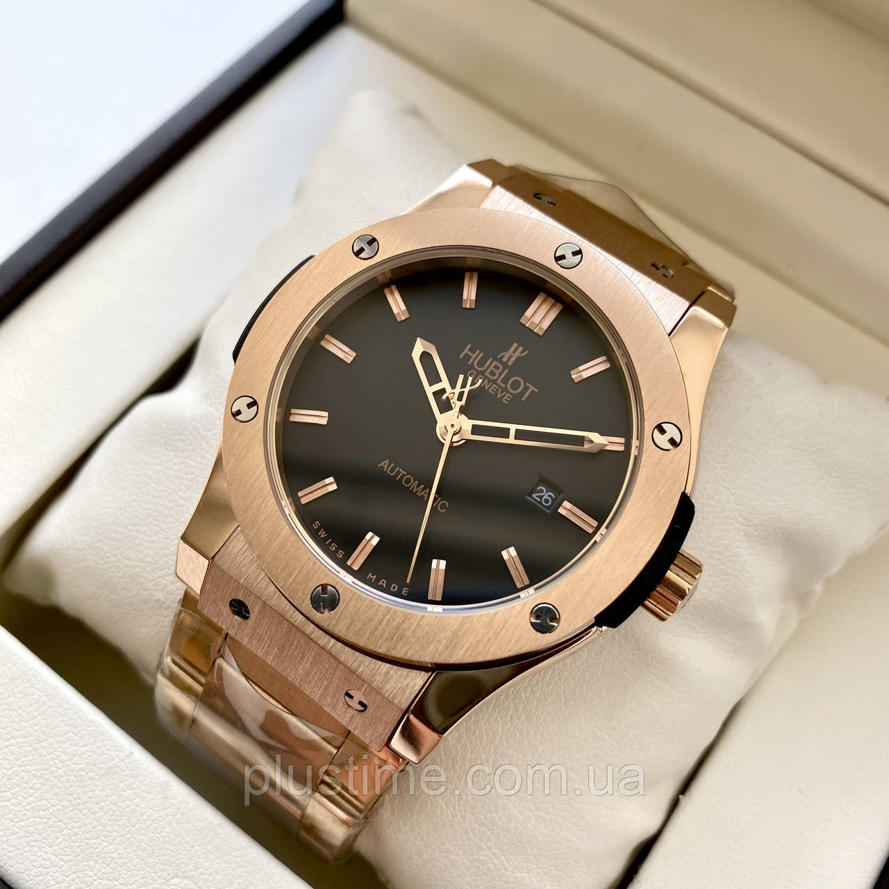 Механічний годинник Hublot Fusion Gold ексклюзивний чоловічий наручний із календарем на сталевому ремінці