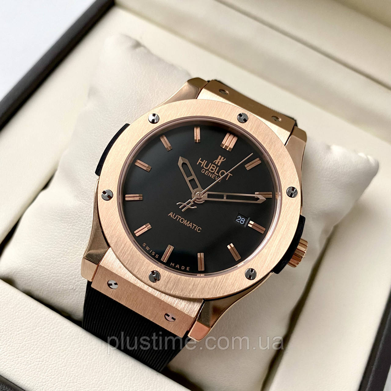 Наручний годинник Hublot Classic gold Fusion AAA чоловічі механічні з автопідзаводом на каучуковому ремінці