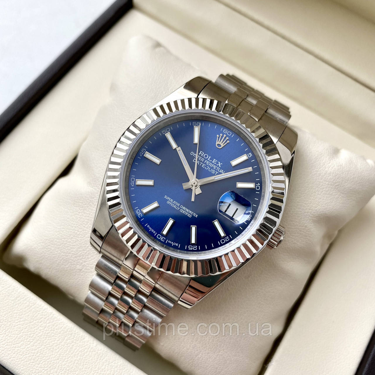 Наручний годинник Rolex Date Just silver blue 41 ААА+ механічний на сталевому браслеті з календарем і сапфіром