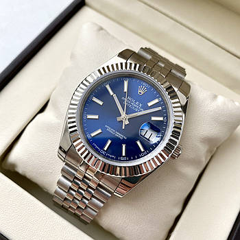 Наручний годинник Rolex Date Just silver blue 41 ААА+ механічний на сталевому браслеті з календарем і сапфіром