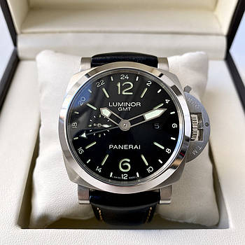 Наручний годинник Officine Panerai Luminor GMT Silver AAA чоловічі механічні з автопідзаводом на шкіряному ремінці