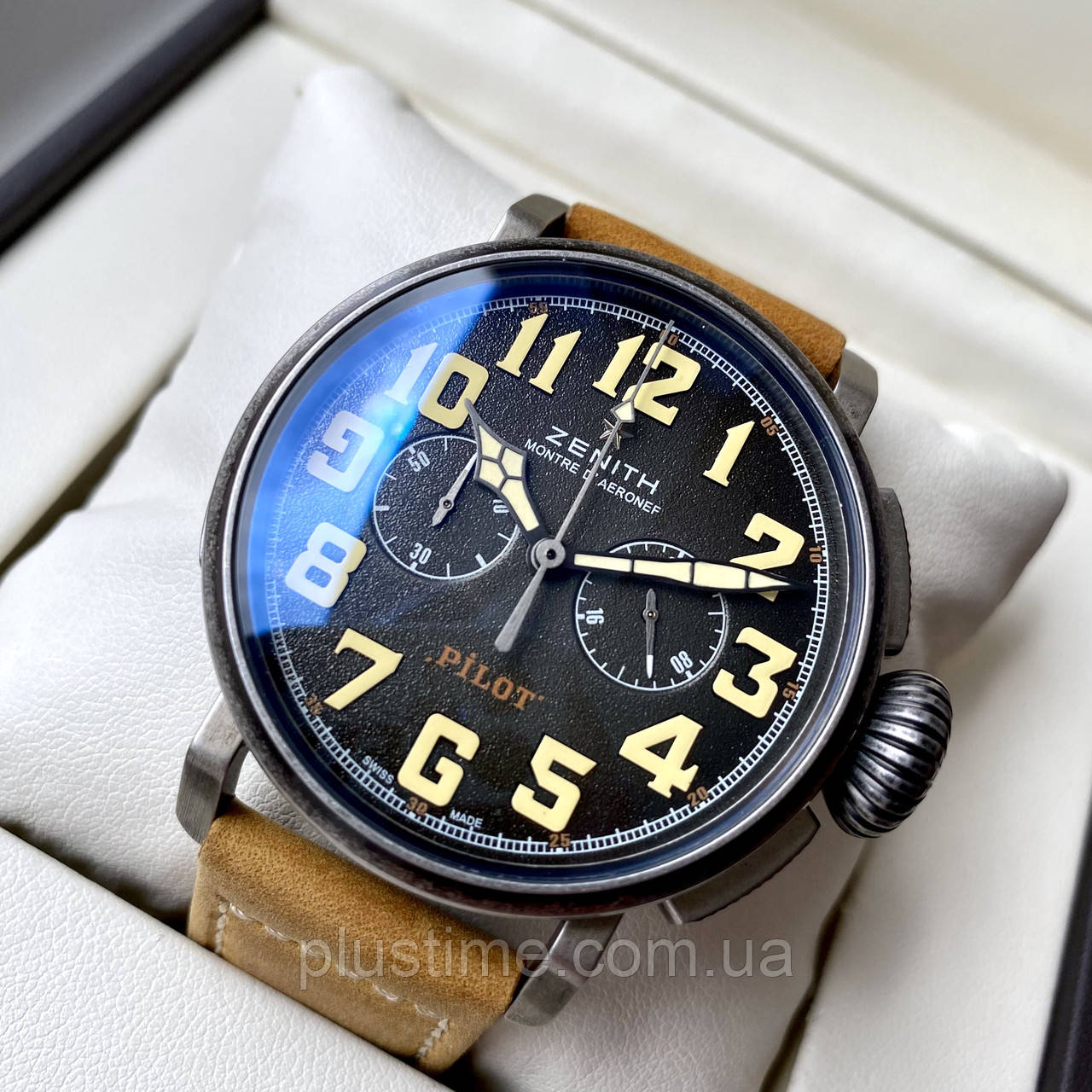 Чоловічий годинник Zenith Pilot Type 20 AAA наручний кварцовий з хронографом на шкіряному ремені та сапфіровим склом