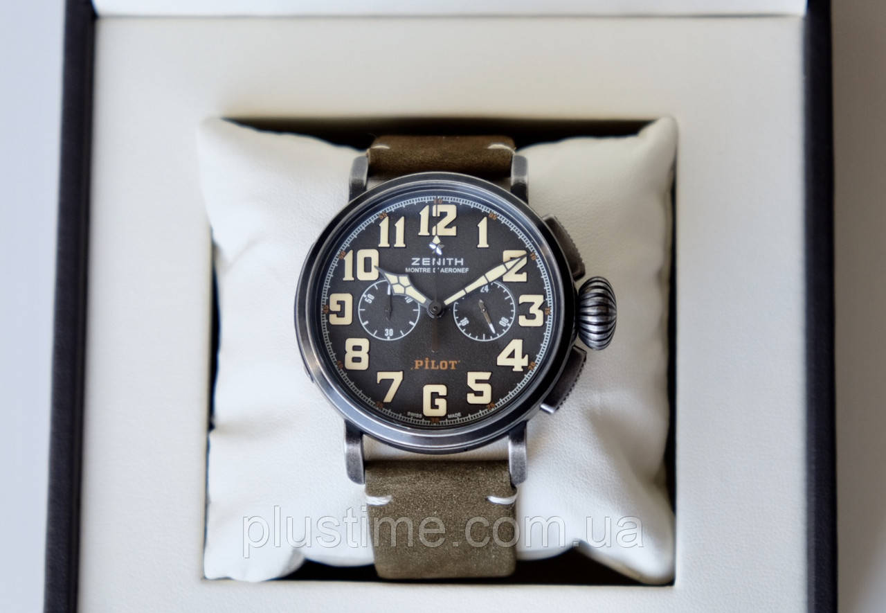 Чоловічий годинник Zenith Type Pilot 20 AAA наручні кварцові з хронографом на шкіряному ремені і сапфіровим склом