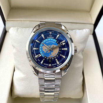 Механічні годинники Omega Aqua Terra Worldtimer Blue AAA наручні з автопідзаводом на браслеті і сапфіром