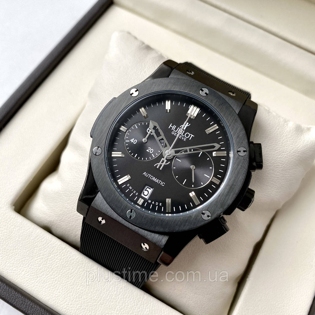 Чоловічий годинник Hublot classic fusion chronograph all black AAA наручні з хронографом на каучуковому ремінці