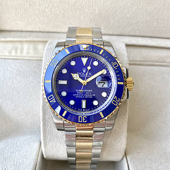 Наручний годинник Rolex Submariner Blue Gold Silver механічний з автоматичним заводом на сталевому браслеті