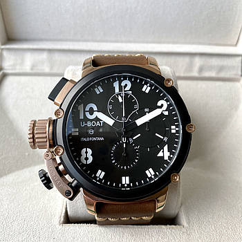 Чоловічий наручний годинник U-boat Chimera Chrono Bronze Black AAA кварцовий з хронографом на шкіряному ремінці