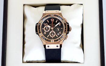 Жіночий годинник Hublot Tutti Frutti Gold black AAA наручні кварцові з хронографом на каучуковому ремені