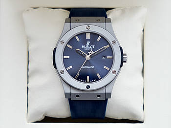 Механічний годинник Hublot Classic Blue Fusion AAA чоловічі з автопідзаводом на каучуковому ремінці і з календарем