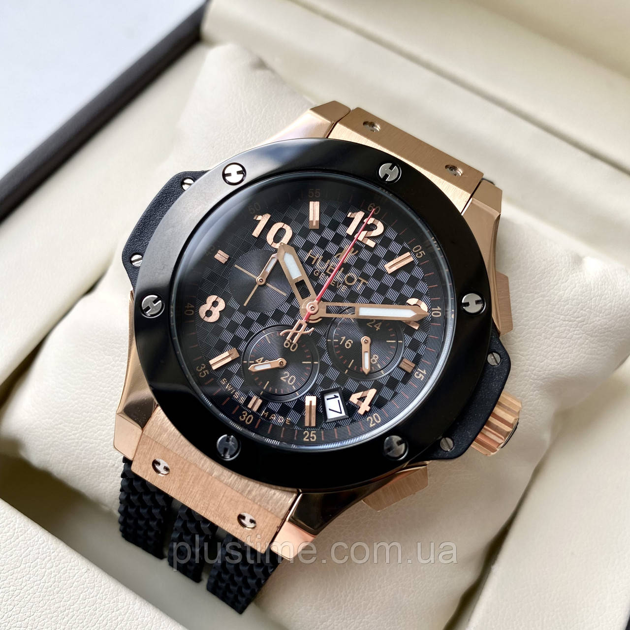 Наручний годинник Hublot Big Bang Gold AAА кварцові чоловічі з хронографом на каучуковому ремінці з датою сапфір