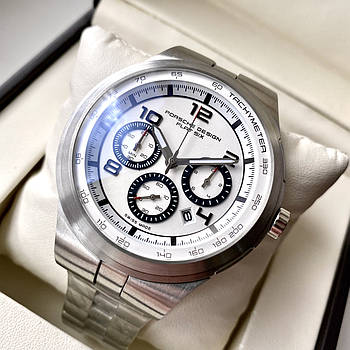 Чоловічий годинник Porsche Design Flat Six P6000 Silver White Steel AAA кварцовий з хронографом на сталевому браслеті