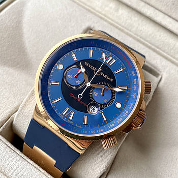 Чоловічий годинник Ulysse Nardin Maxi Marine Chronograph Blue Gold ААА наручний кварцовий з хронографом і календарем