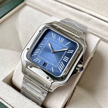 Cartier Santos Blau AAA — чоловічий механічний годинник з автопідзаводом на сталевому браслеті та календарем