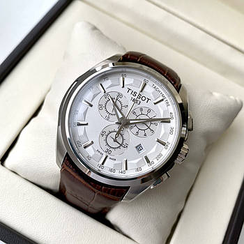 Чоловічі годинники Tissot Couturier Quartz Silver White AAA наручні з хронографом і календарем на шкіряному ремінці