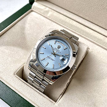 Механічні годинники Rolex Day Date Blue AAA наручні з автопідзаводом на сталевому браслеті і календарем